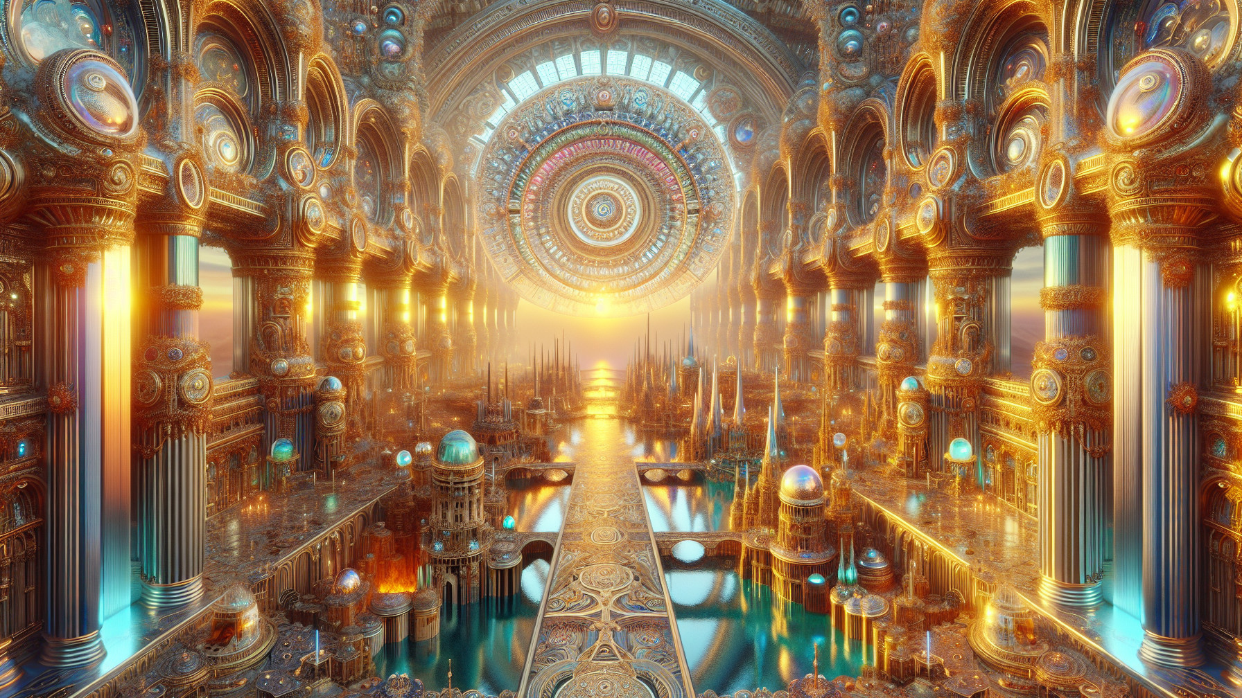 Grand Hall with Golden Columns and Intricate Mosaics