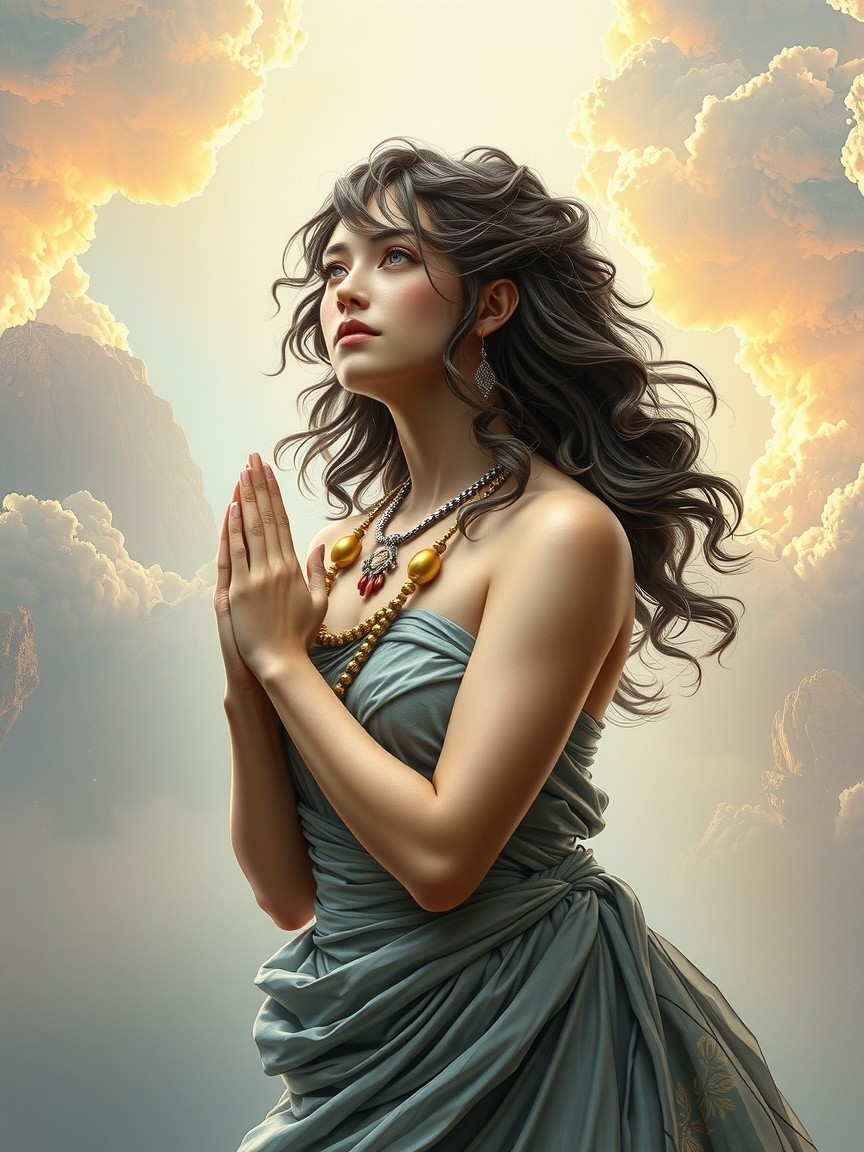 Serene young woman in prayer with flowing hair and clouds