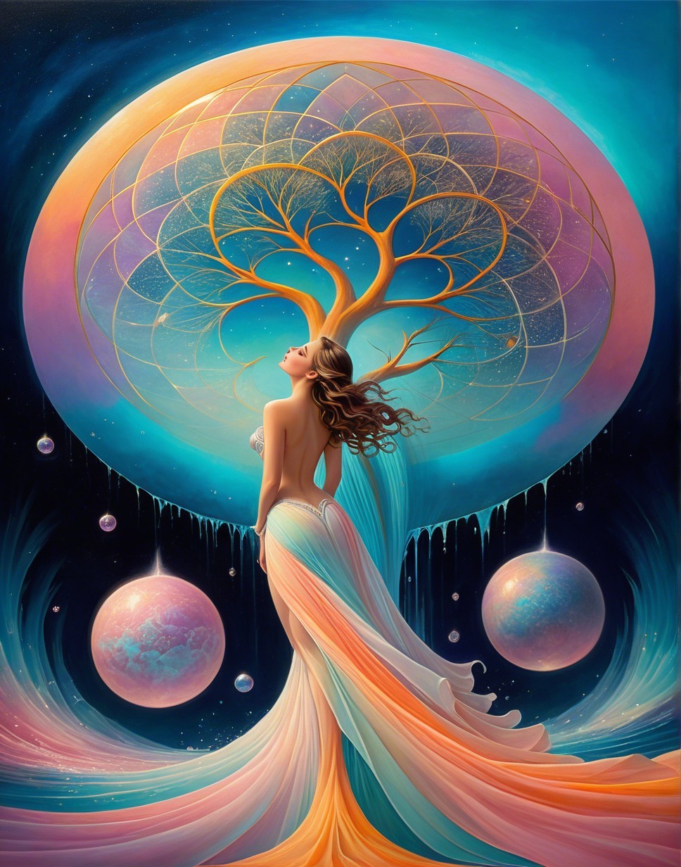 Ethereal Woman in Cosmic Background with Abstract Tree