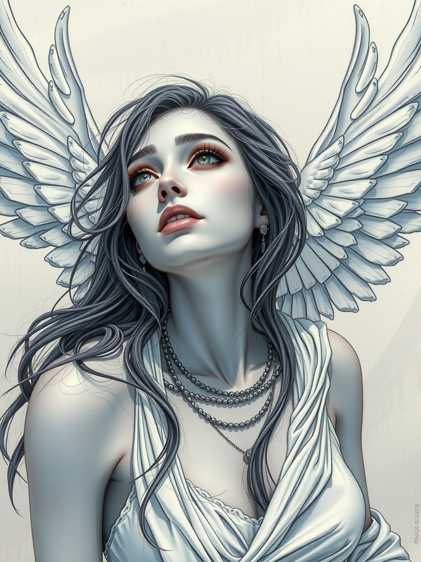 Ethereal Woman with Wings and Flowing Hair