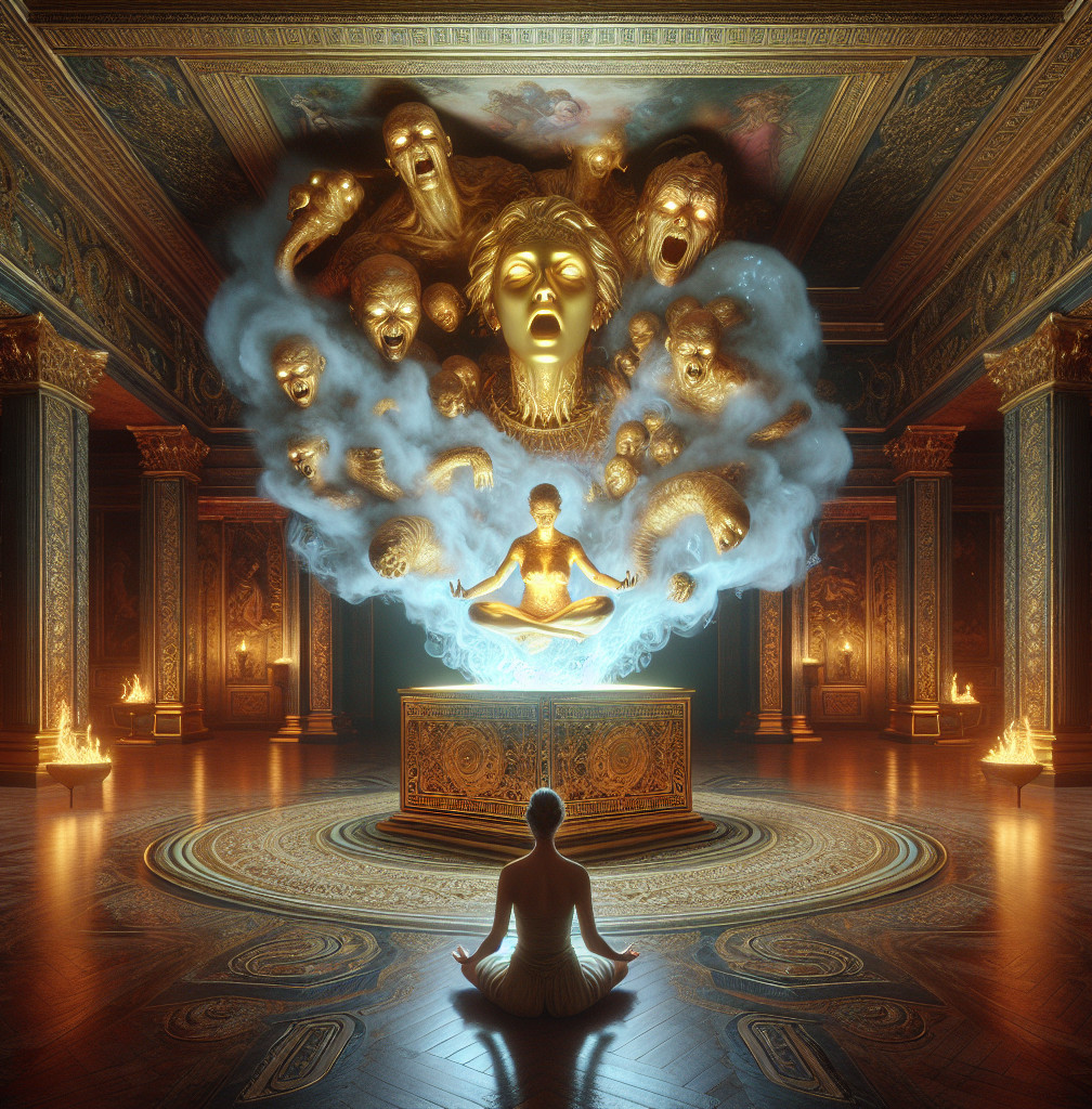 Ornate Chamber with Meditative Figure and Ethereal Clouds