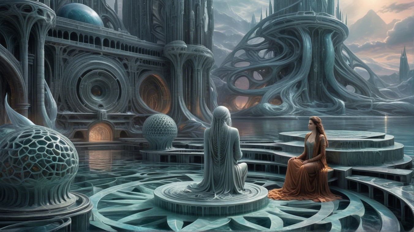Serene landscape with alien architecture and reflections