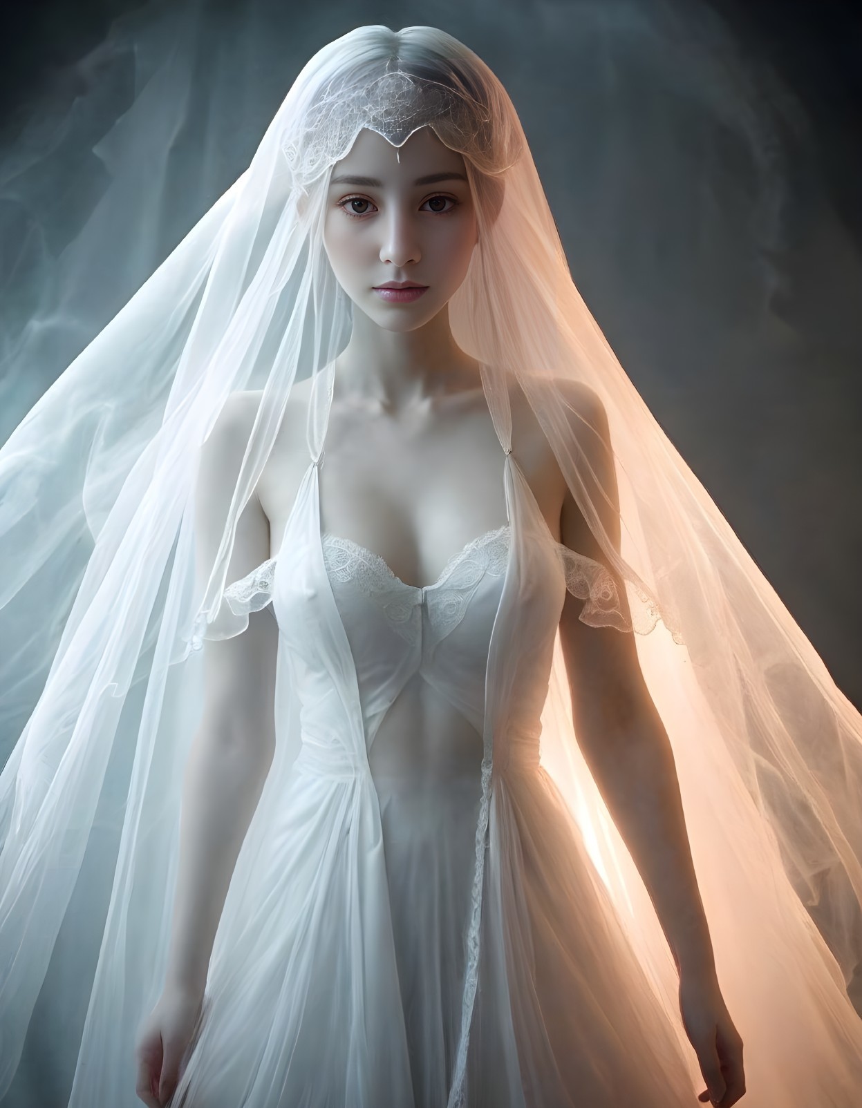 Ethereal Figure in White Gown with Lace Veils