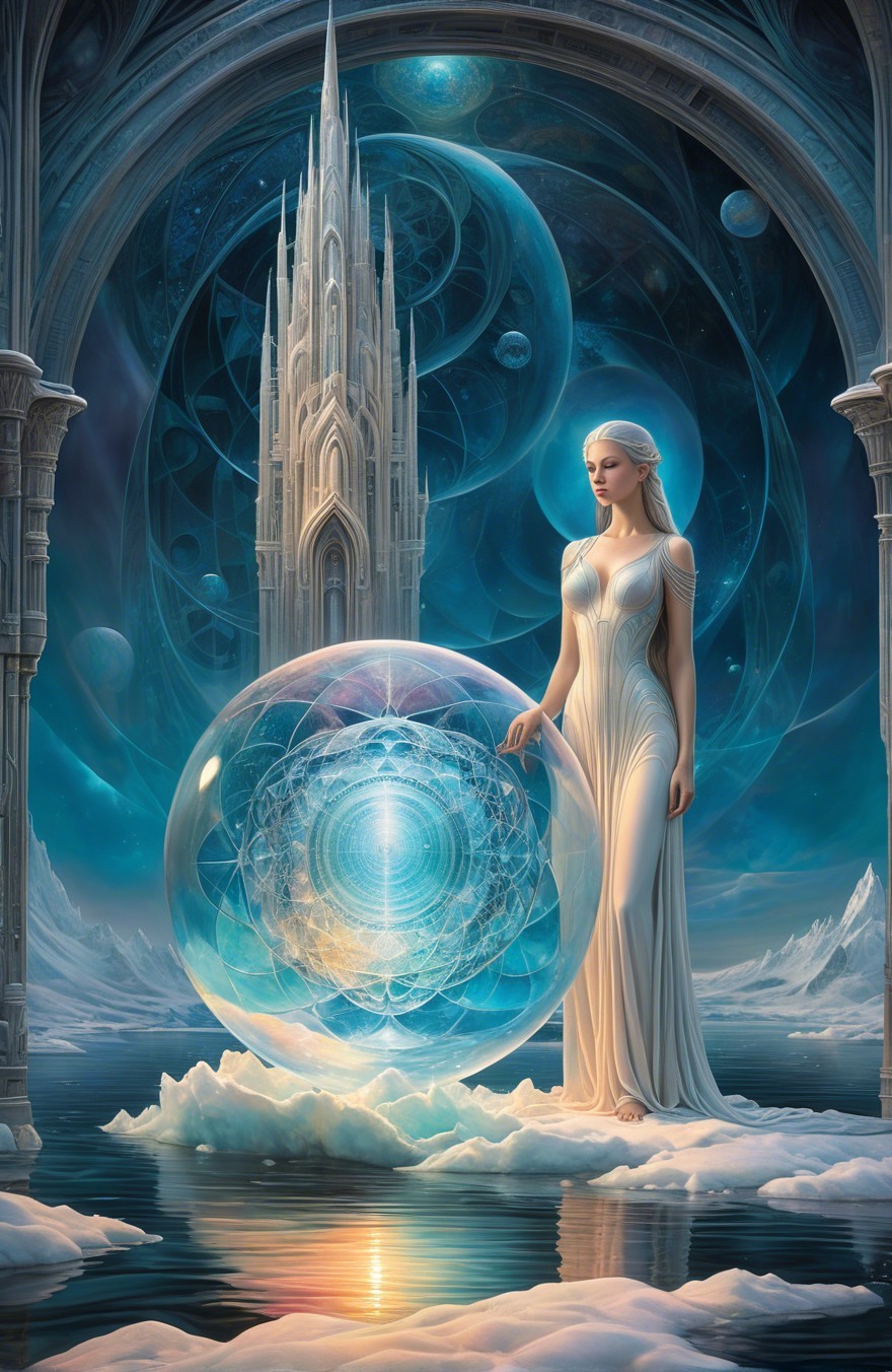 Serene Figure on Ice with Mystical Castle Background