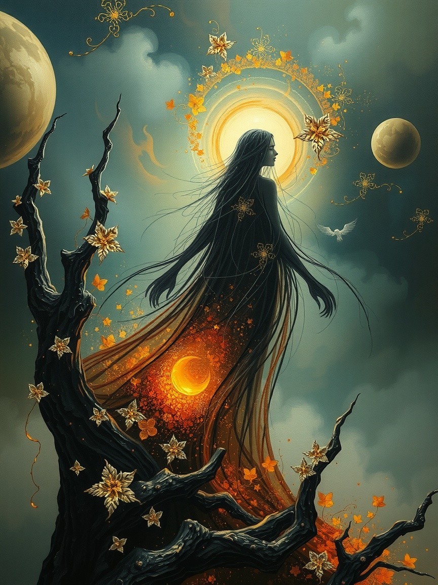 Mystical Figure in Surreal Landscape with Moons and Sun