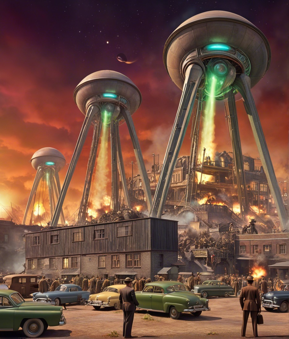 Alien Spacecraft Above Burning City in Dystopian Scene