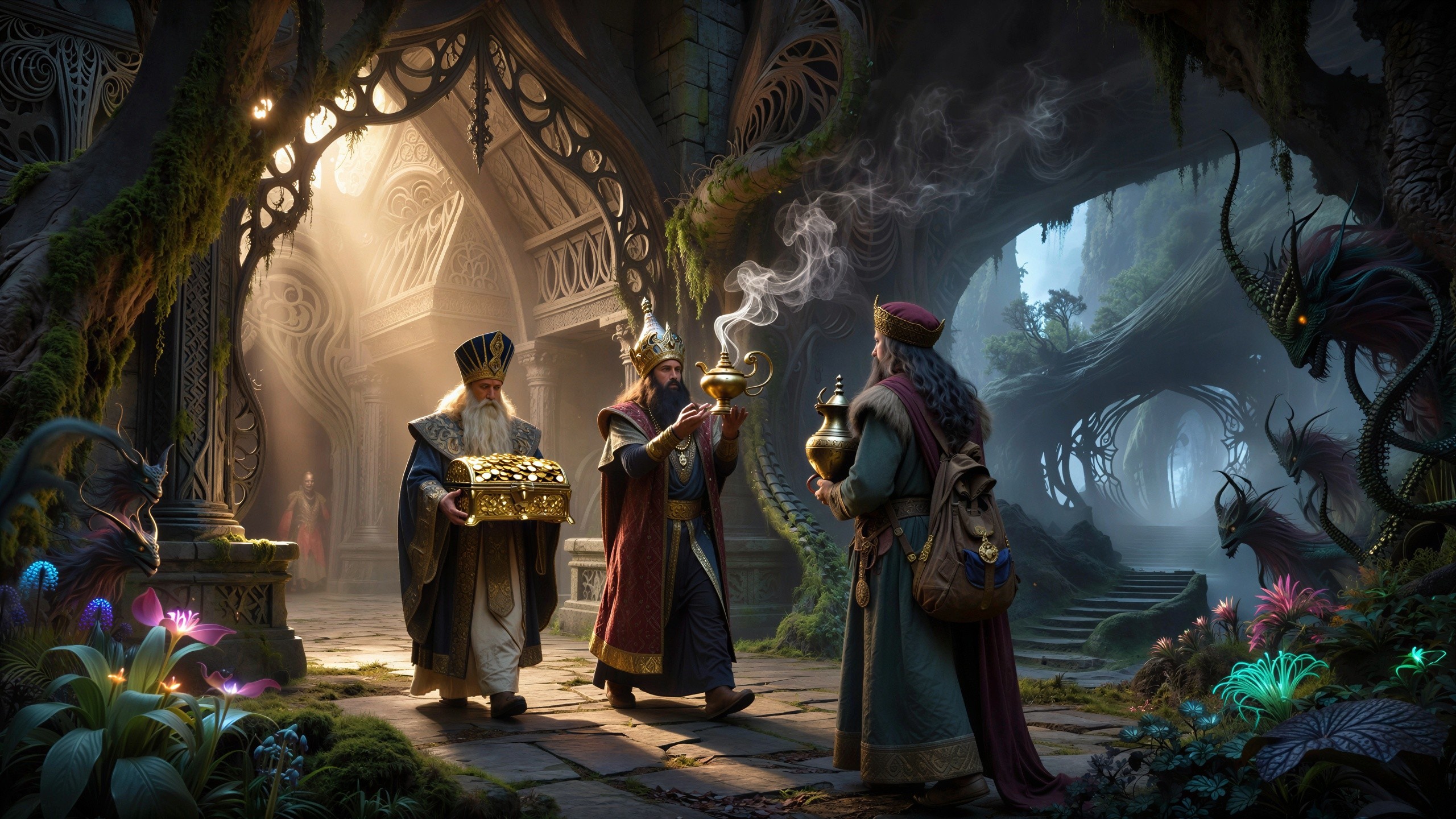 Elders in Gothic Temple with Gold Robes and Treasures