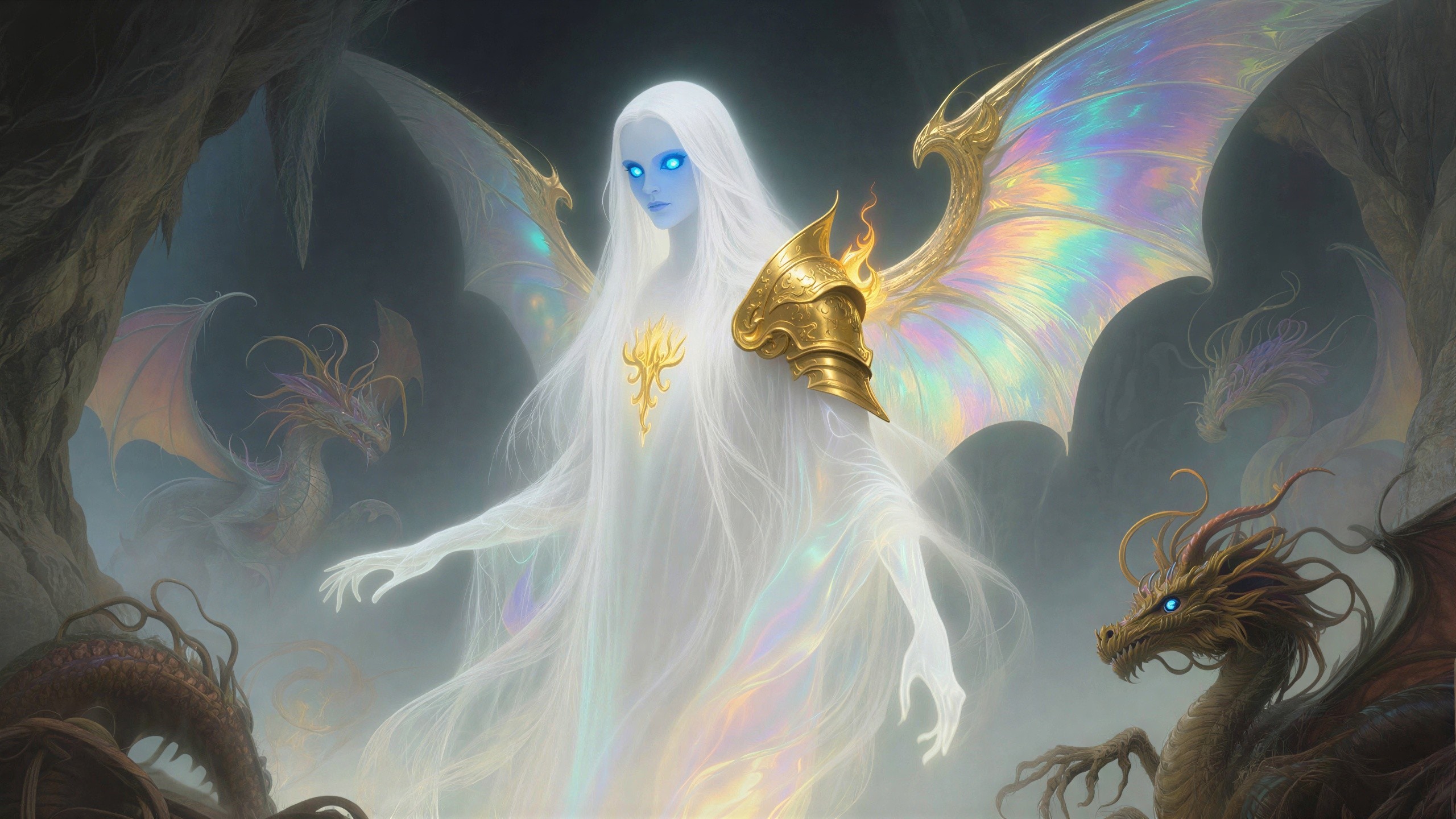 Ethereal Woman with Wings in Dark Cavern Setting