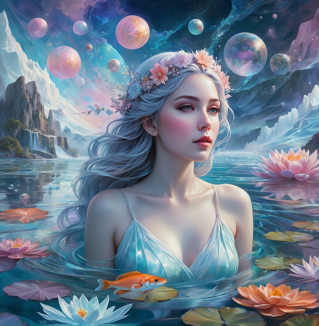 Serene Woman with Silver Hair by Crystalline Lake