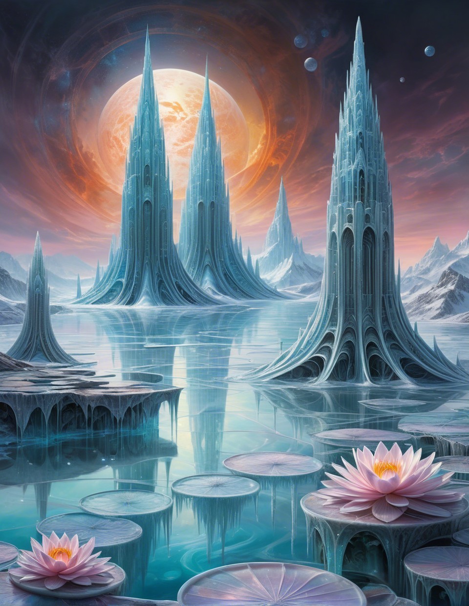 Surreal Landscape with Ice Structures and Lotus Flowers