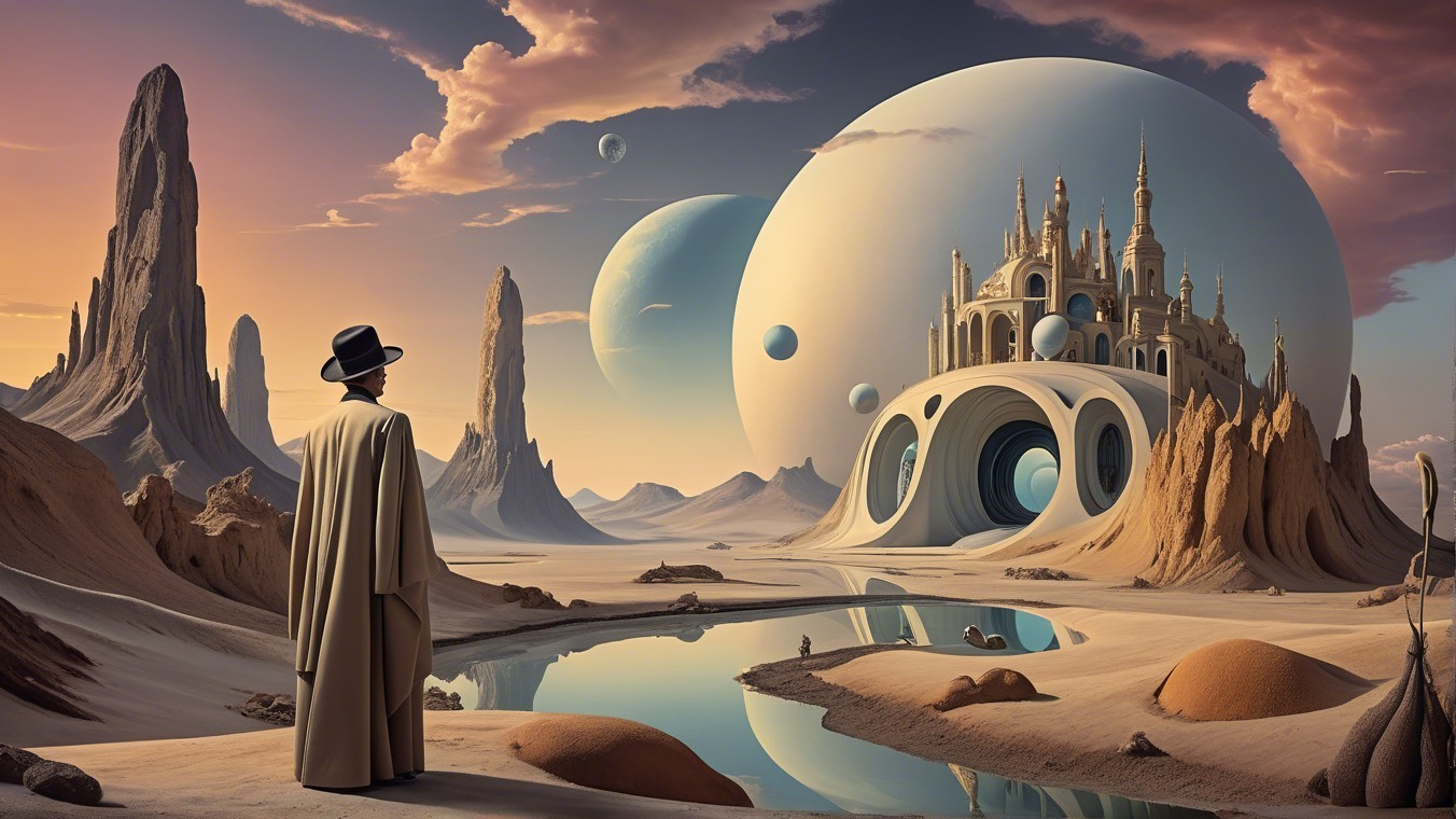 Lone Figure Observing Futuristic Castle in Arid Landscape