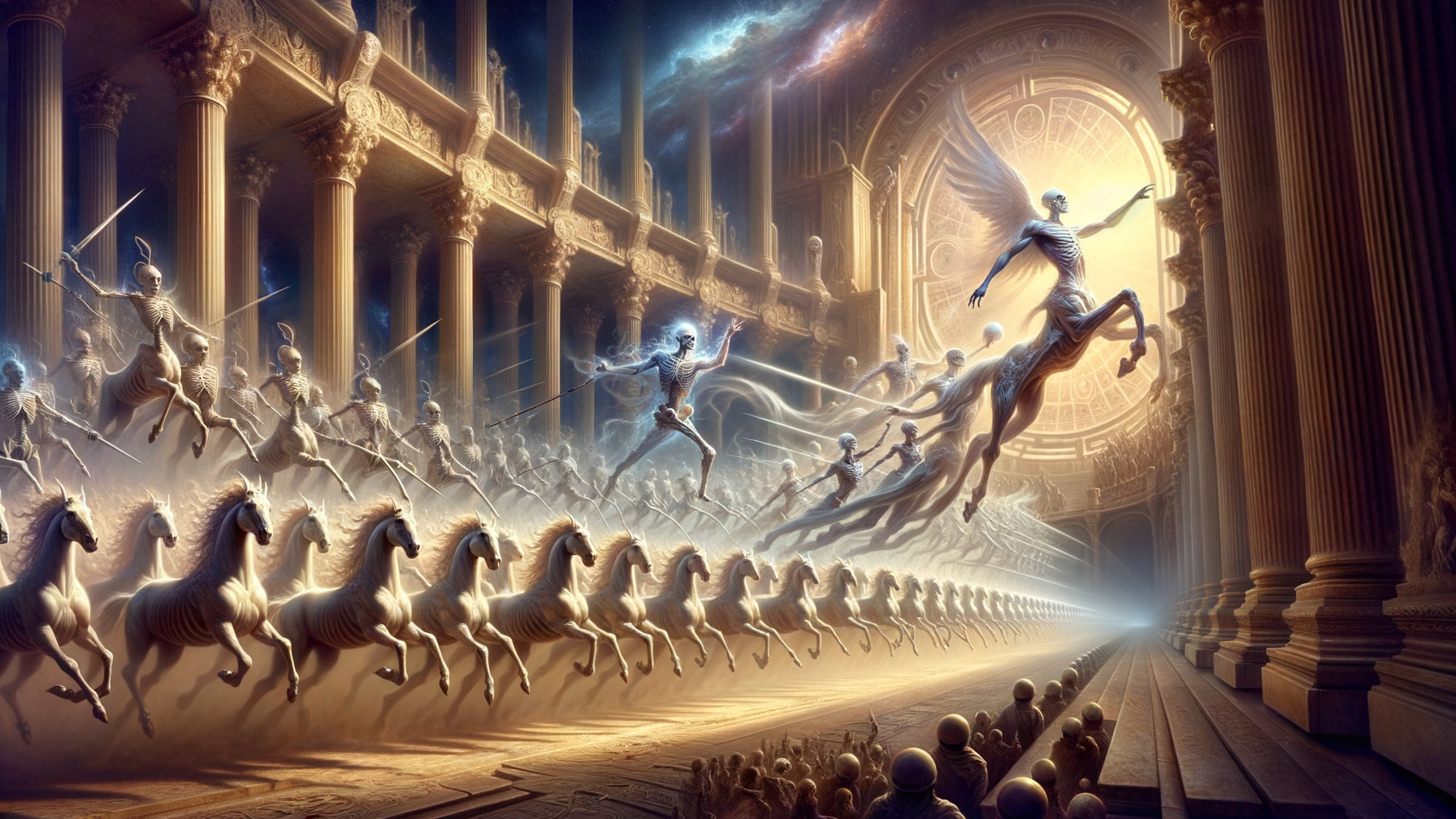 Ethereal Scene of Warriors and Majestic Horses
