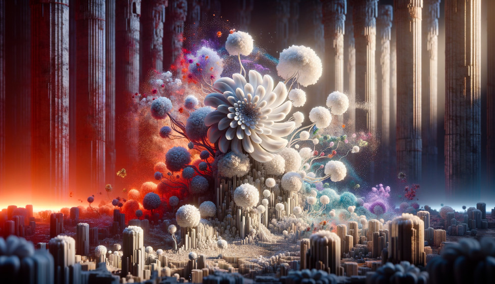 Surreal Landscape with Intricate Flower and Ethereal Spheres