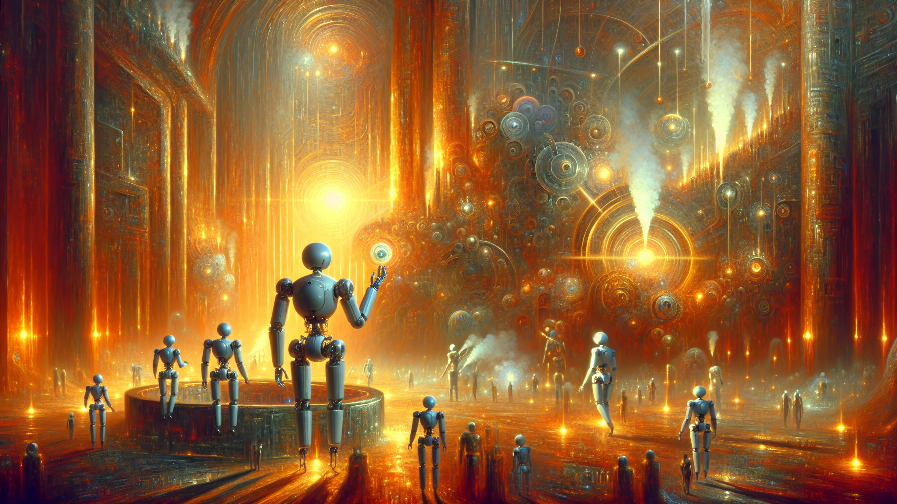 Futuristic landscape with glowing machinery and robots