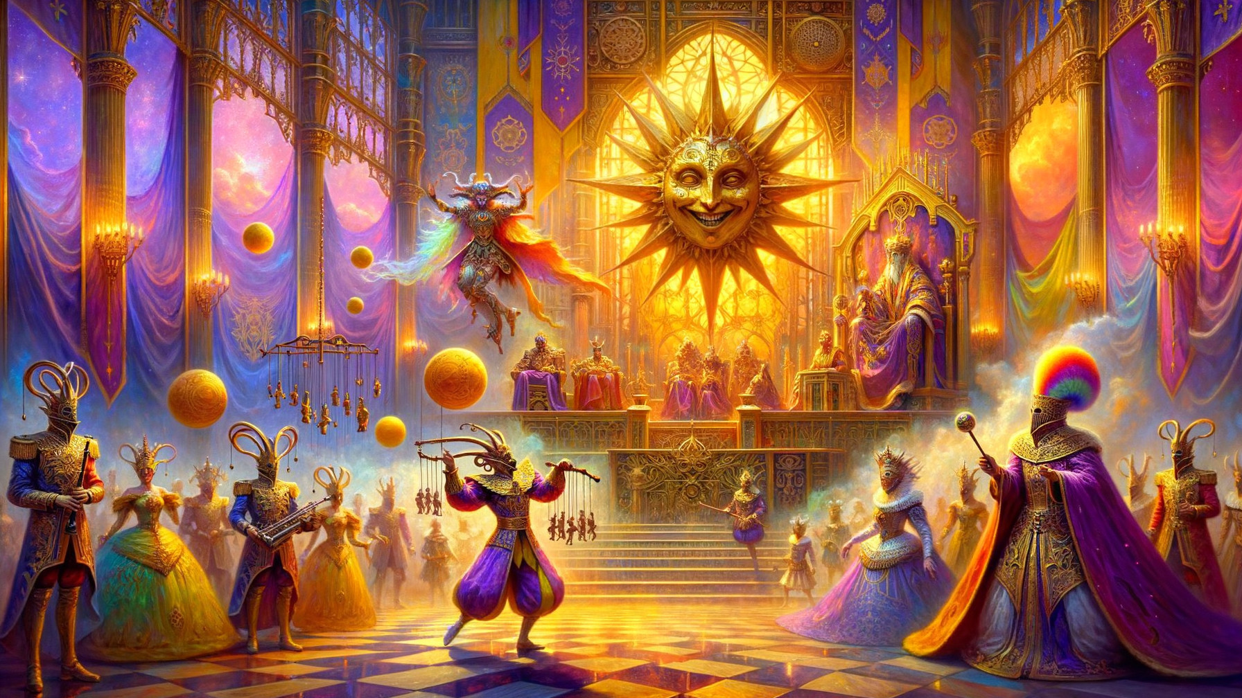 Vibrant Grand Hall with Fantastical Figures Celebrating