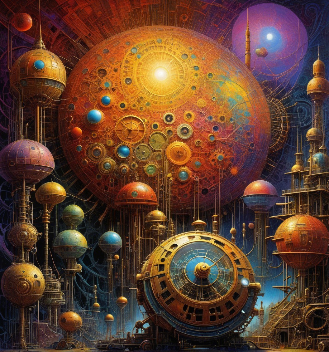 Surreal Landscape with Floating Orbs and Structures