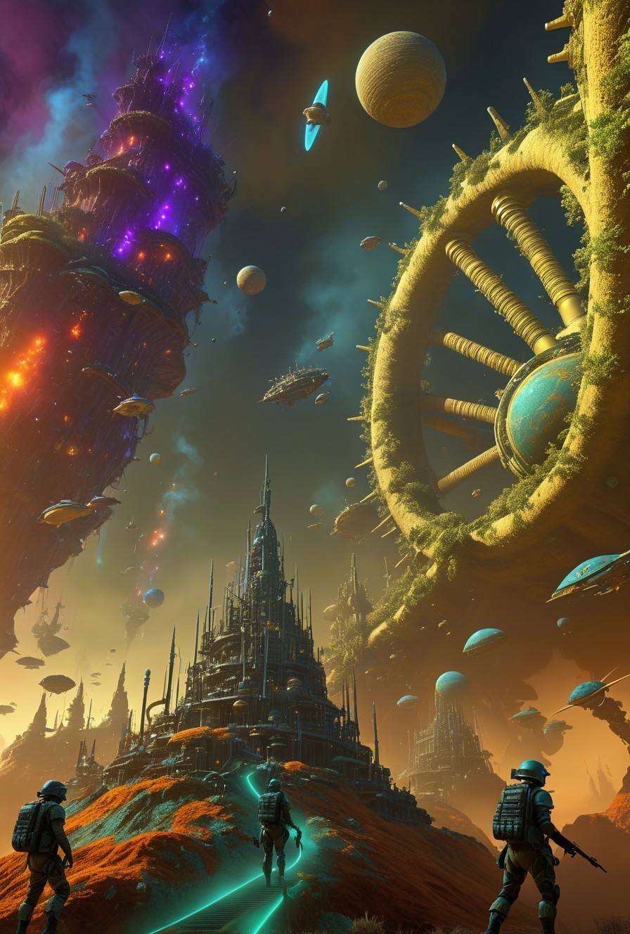Futuristic Alien City with Spires and Explorers