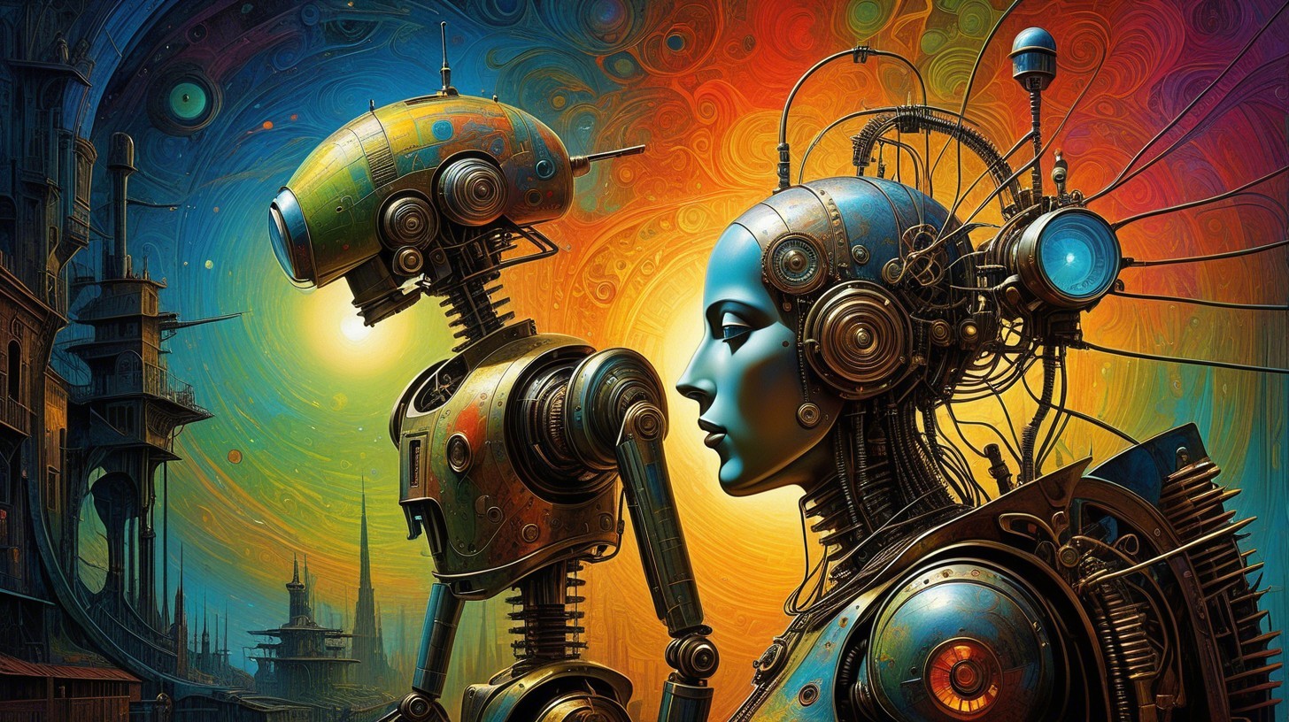 Futuristic humanoid robot with colorful embellishments