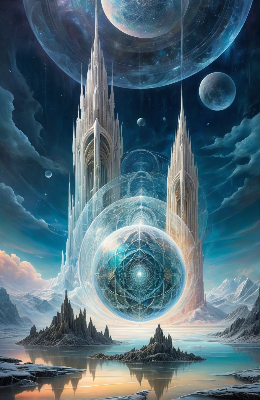 Surreal Landscape with Towering Spires and Cosmic Spheres