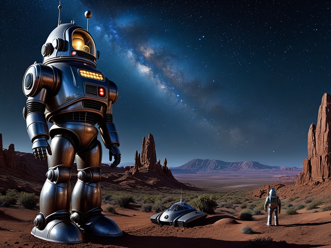 Desert Landscape with Robot and Futuristic Spacecraft