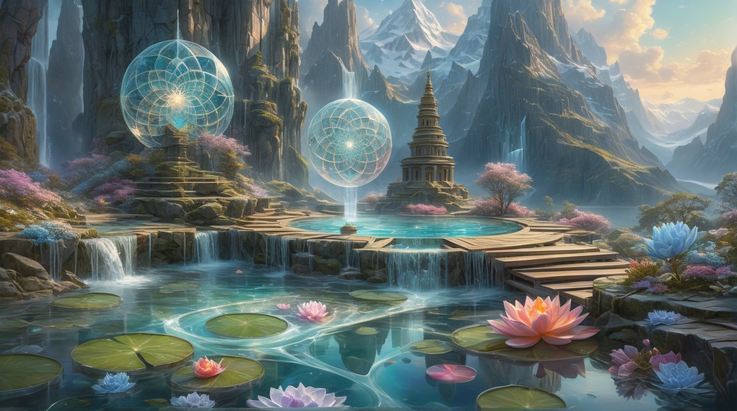Tranquil Landscape with Water, Mountains, and Blossoms