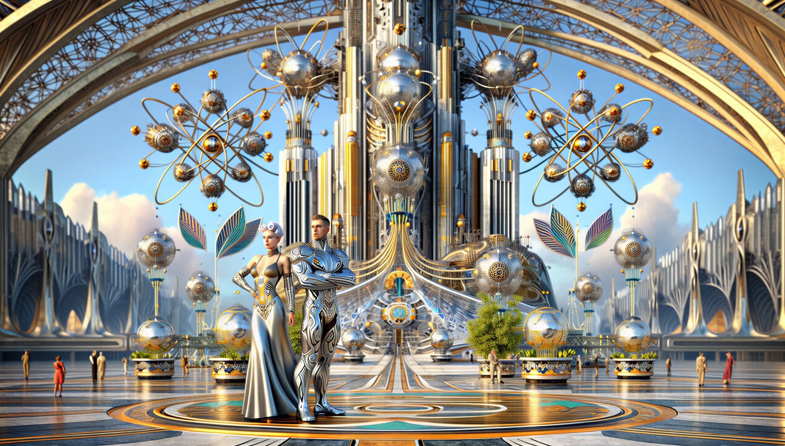 Futuristic Cityscape with Elegant Couple in Silver Gown