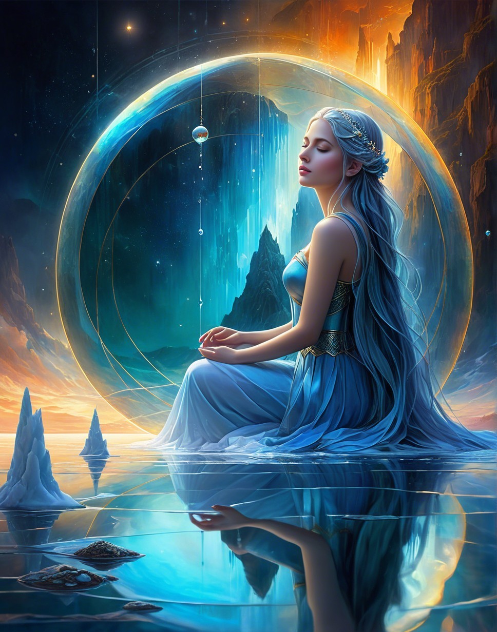Serene figure in blue gown meditating in mystical landscape