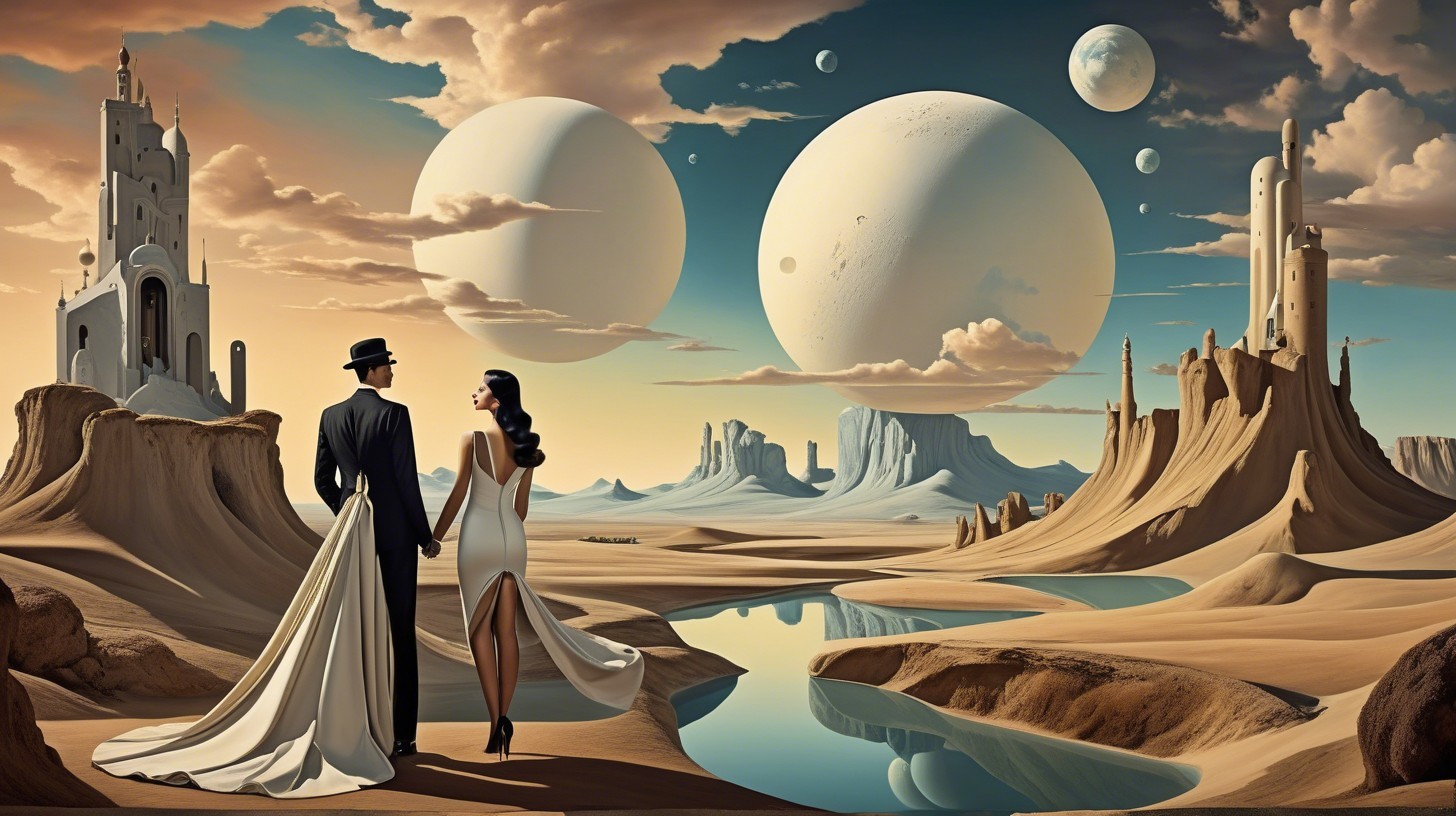 Surreal Landscape with Bride, Groom, and Celestial Bodies