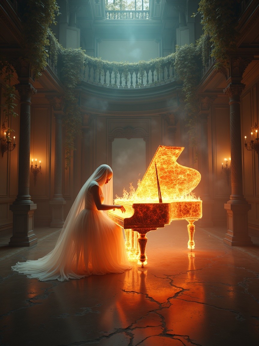 Woman in White Gown Plays Glowing Piano in Hall