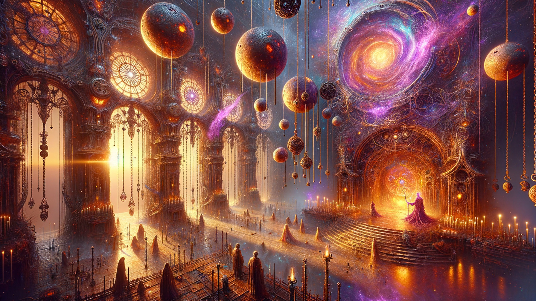Cosmic Scene in Ethereal Hall with Celestial Orbs