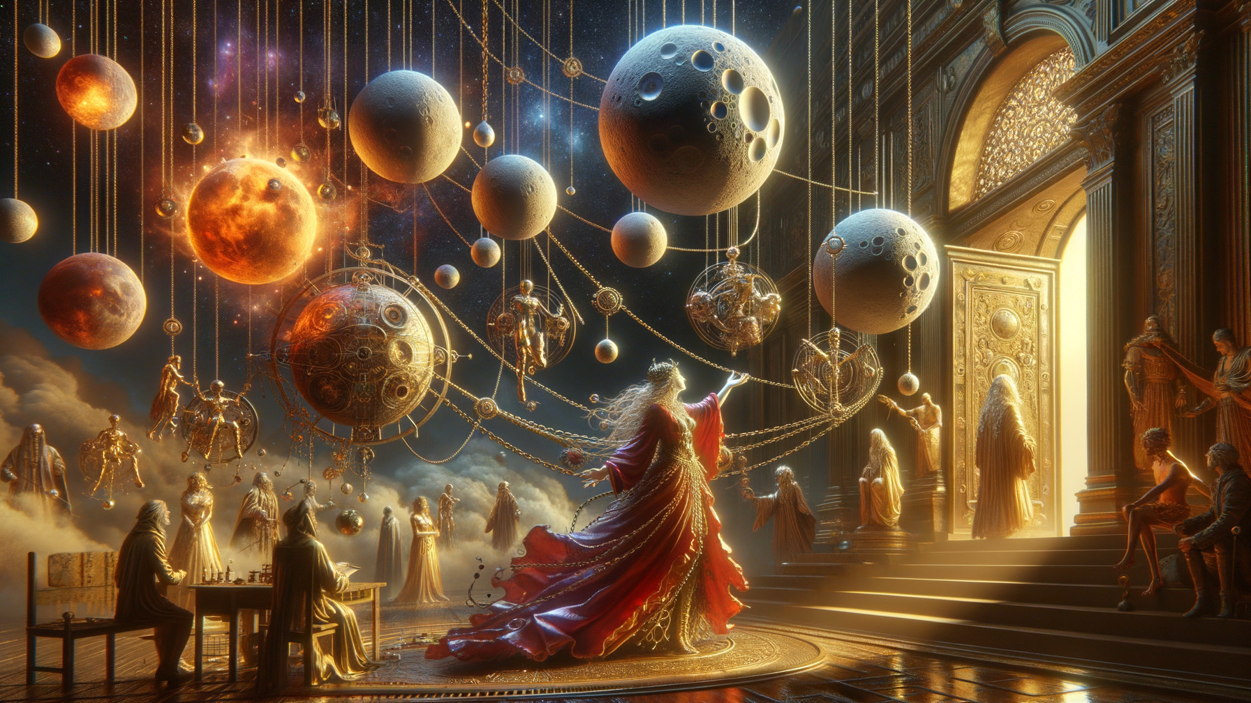 Celestial Scene in Grand Hall with Ethereal Figures