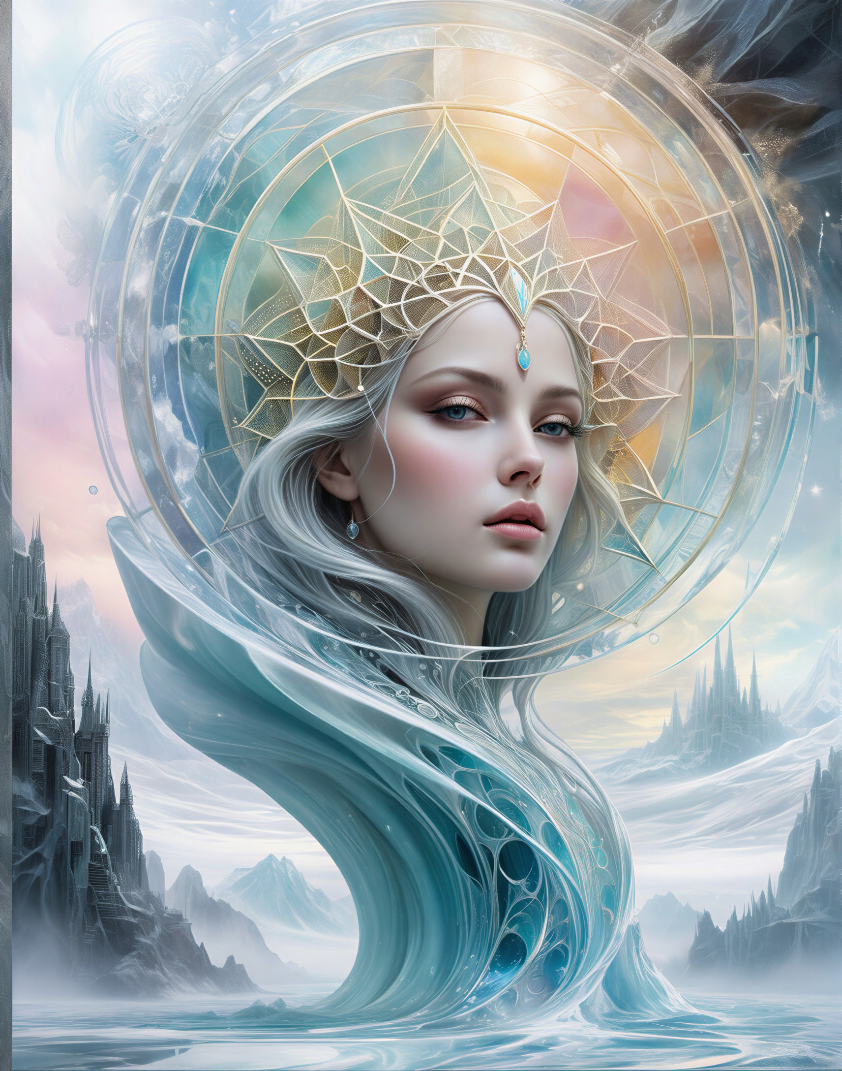 Ethereal Figure in Ocean Waves with Misty Mountains