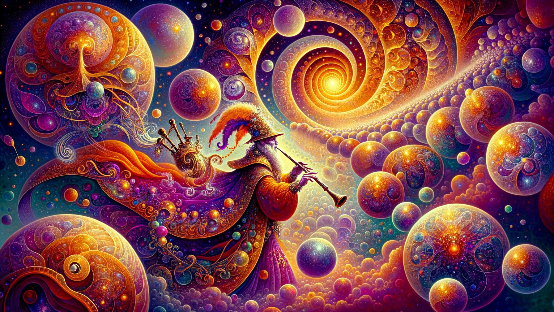 Whimsical Wizard Playing Flute in Cosmic Landscape
