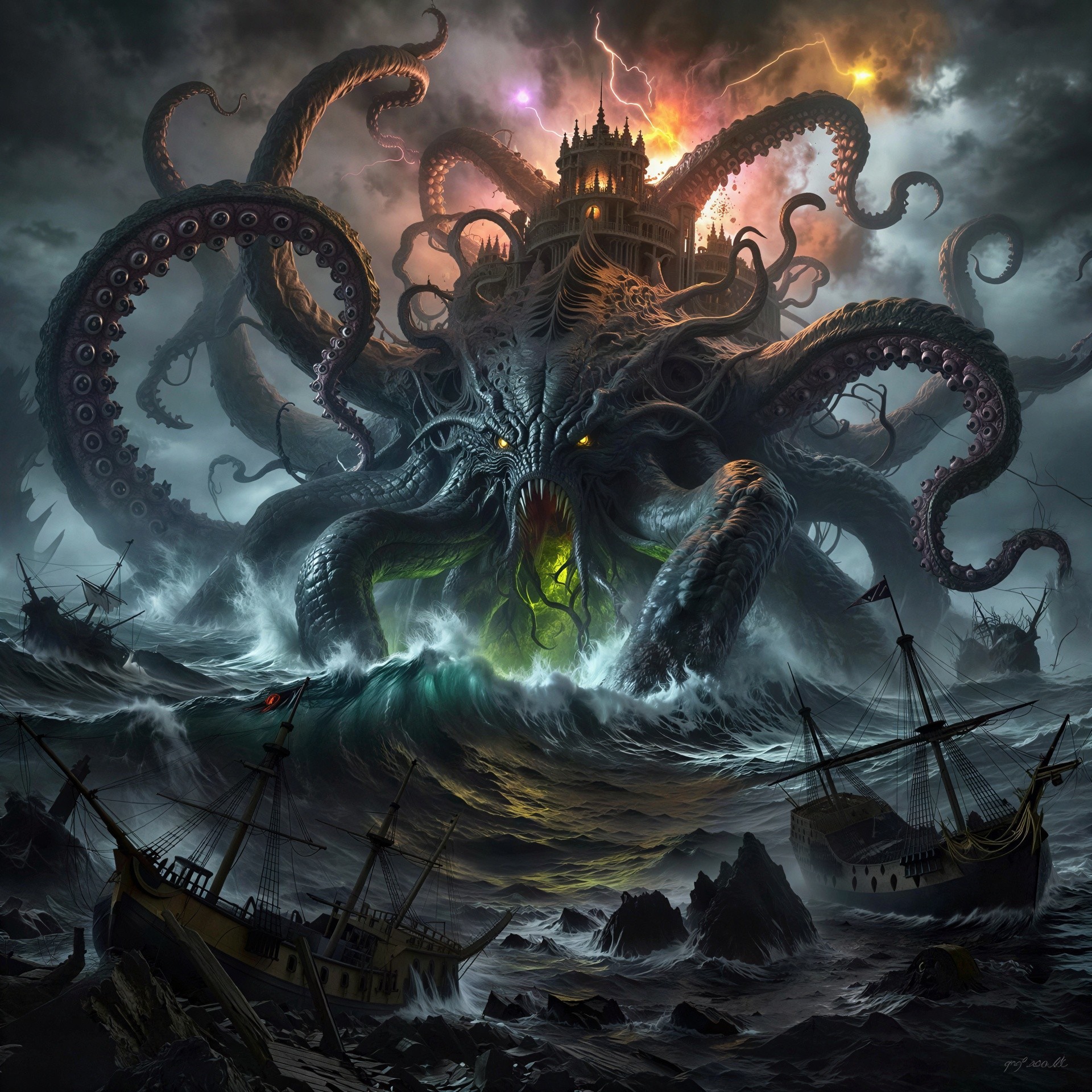 Gigantic Sea Monster with Tentacles and Glowing Eyes