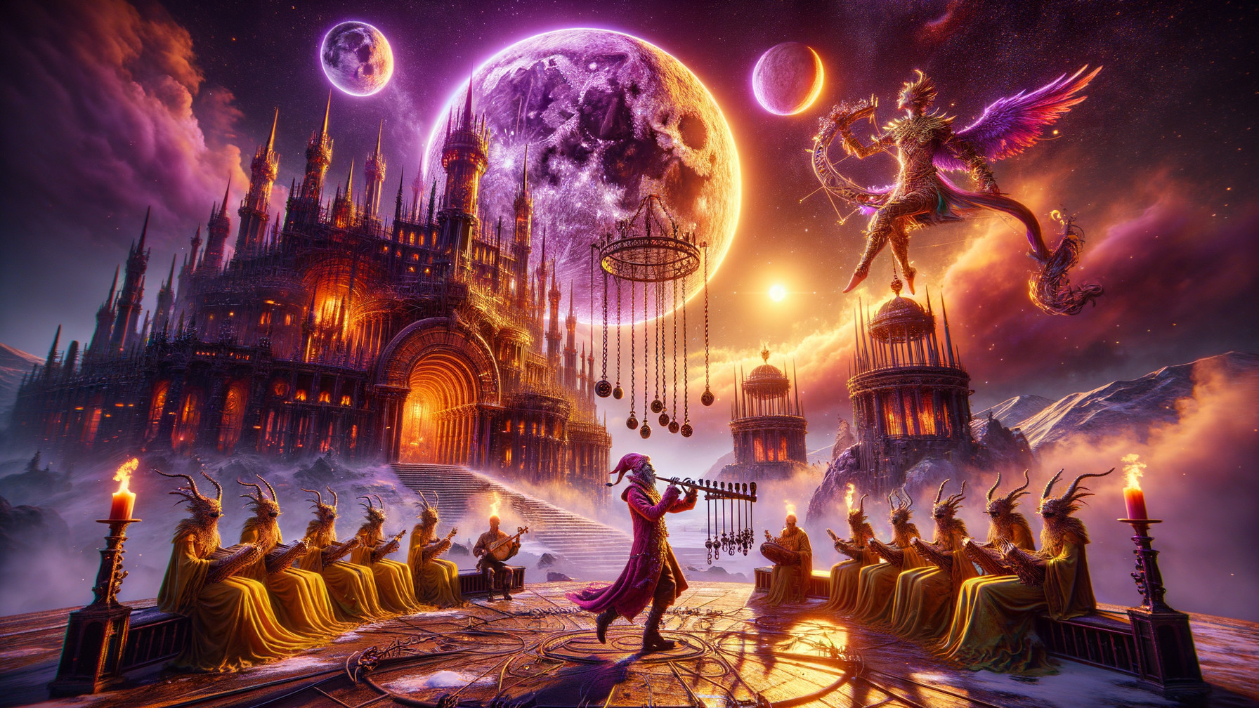 Musician with Celestial Instrument in Enchanted Realm