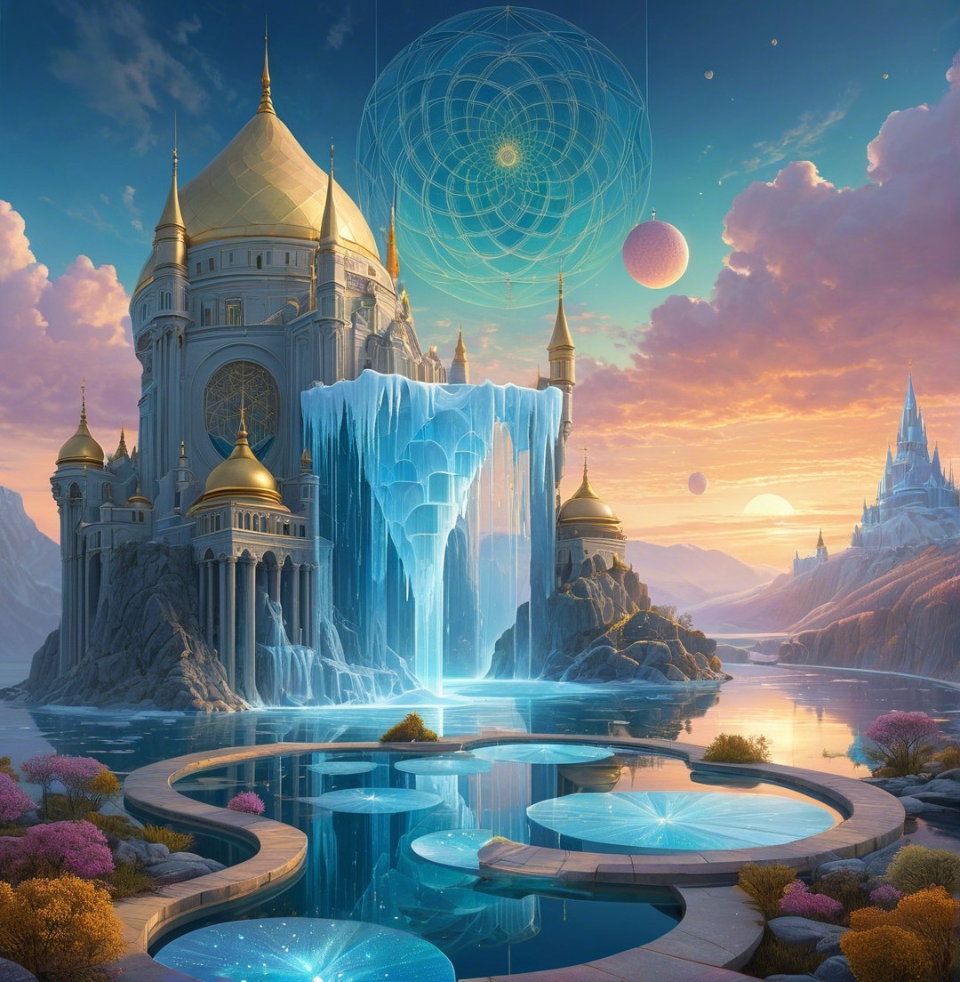 Fantasy Landscape with Golden Palace and Waterfall