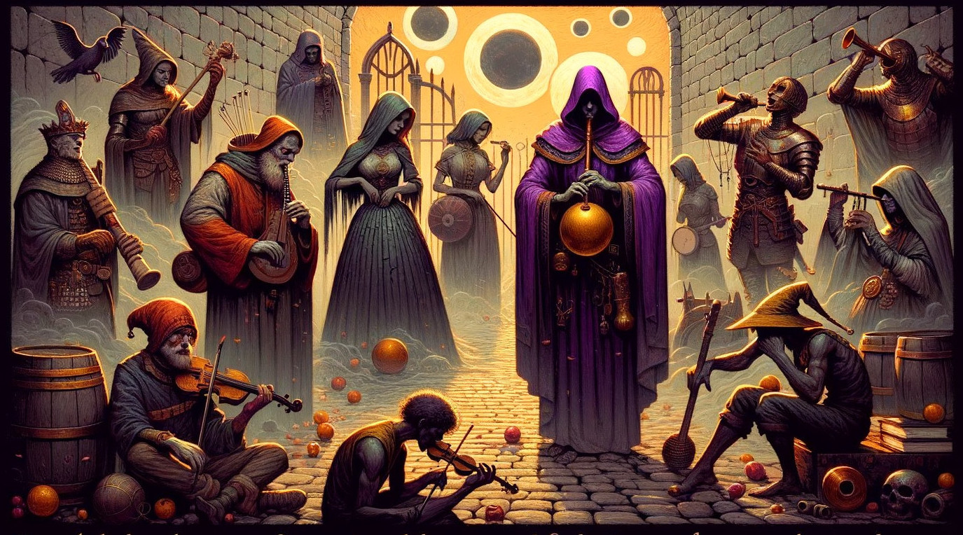 Mystical alleyway with cloaked figures and musicians