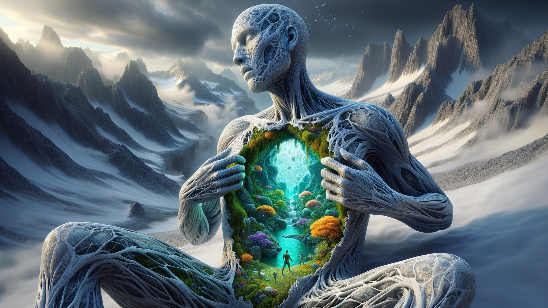 Colossal Humanoid Figure in Surreal Landscape