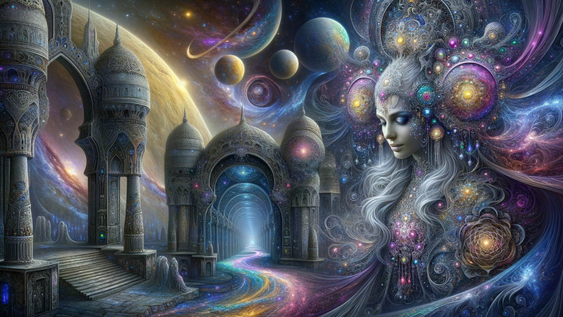 Cosmic Landscape with Ornate Architecture and Serenity