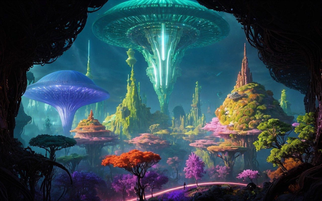 Alien Landscape with Luminescent Structures and Waterfalls
