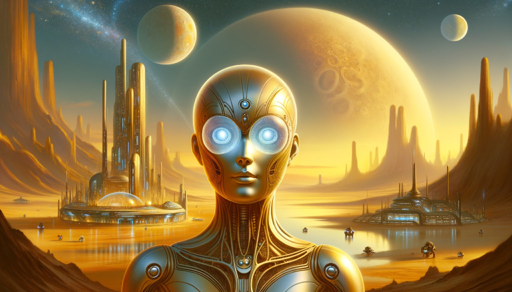 Futuristic landscape with golden robot and alien structures