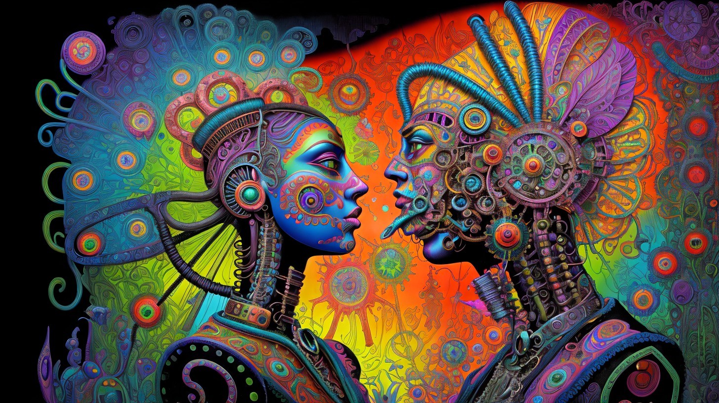 Intricately Designed Figures with Vibrant Colors and Patterns