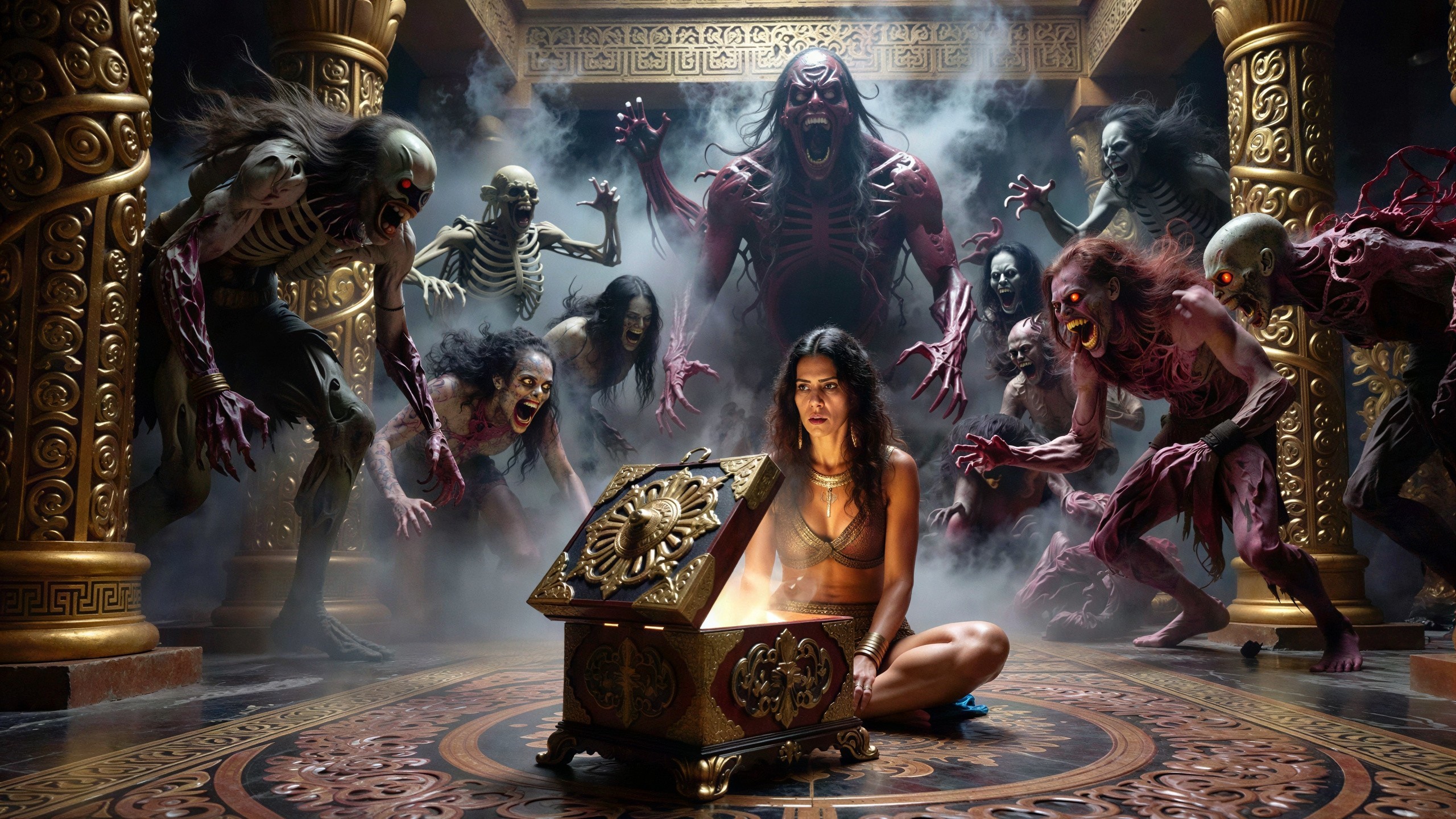Terrified Woman with Golden Chest Surrounded by Creatures