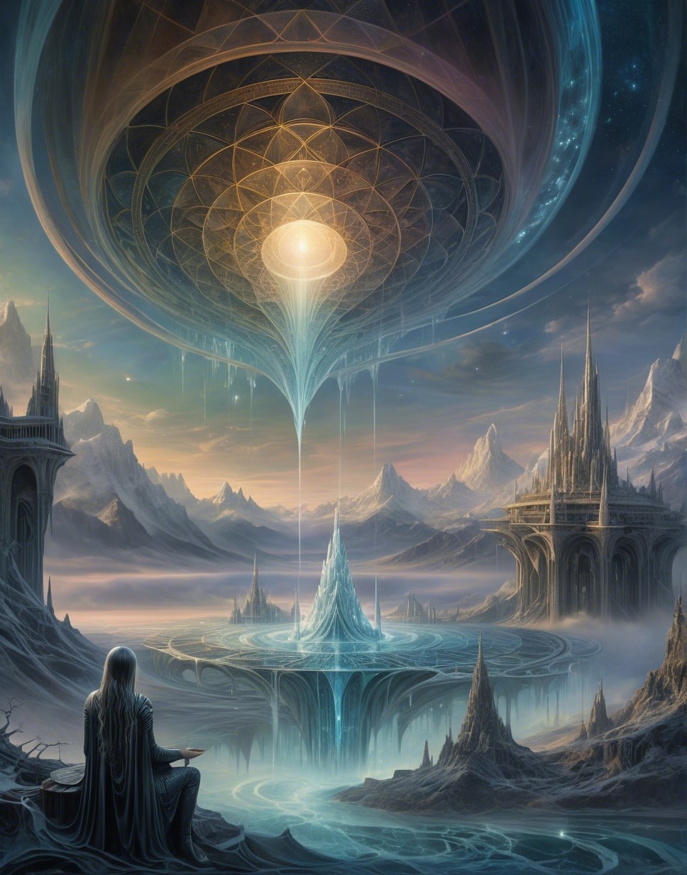 Surreal Landscape with Ethereal Realm and Crystalline Structure