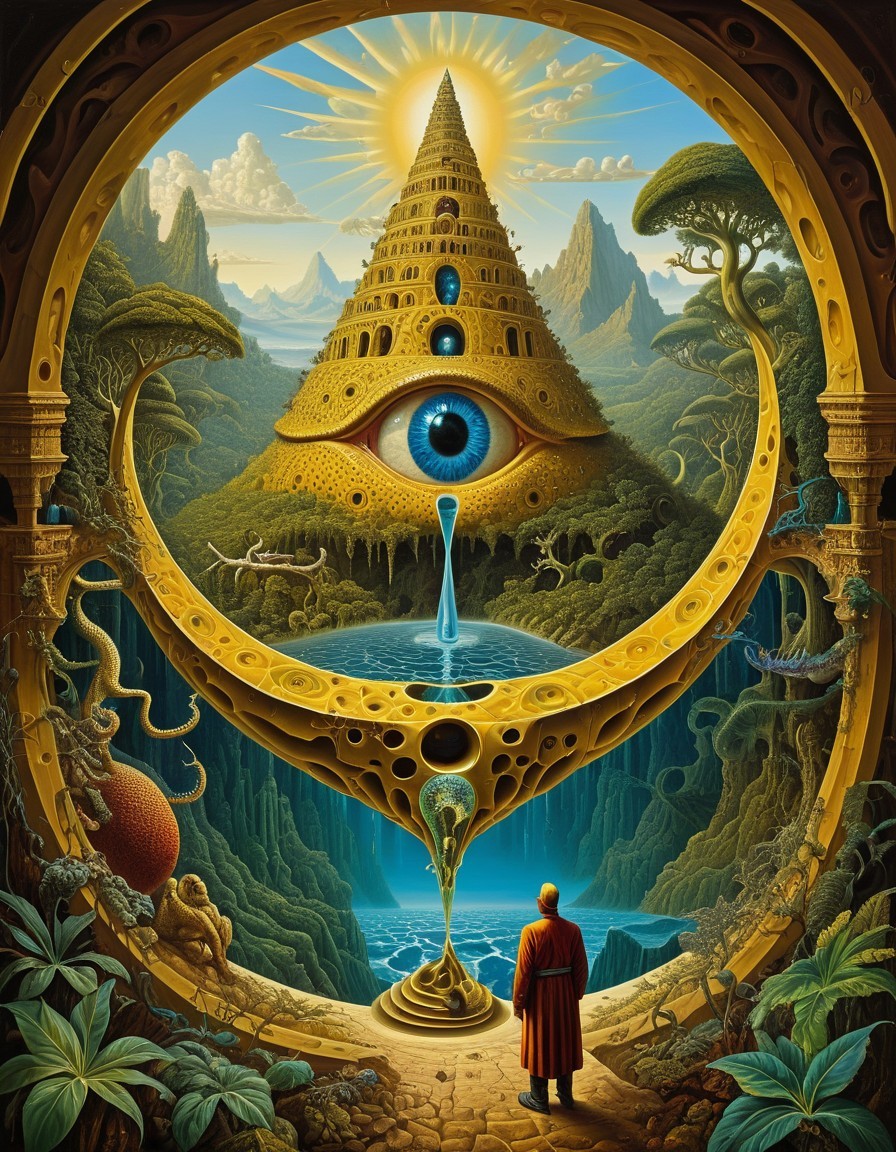 Surreal Landscape with Golden Pyramid and Eye