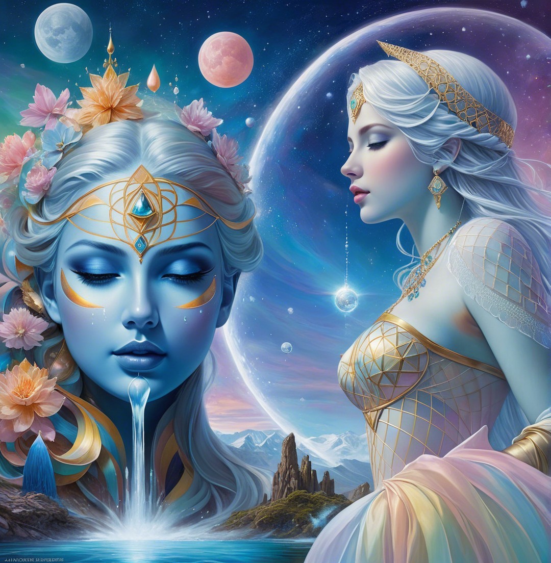 Ethereal Figures with Celestial Designs and Cosmic Backdrop