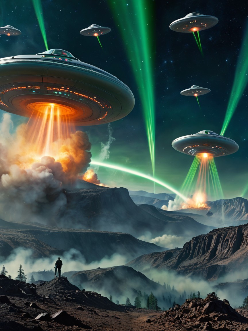 Futuristic UFOs Over Rugged Landscape with Explosions