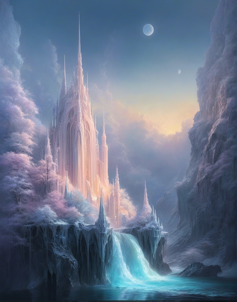 Majestic Ice Palace with Waterfall and Celestial Bodies