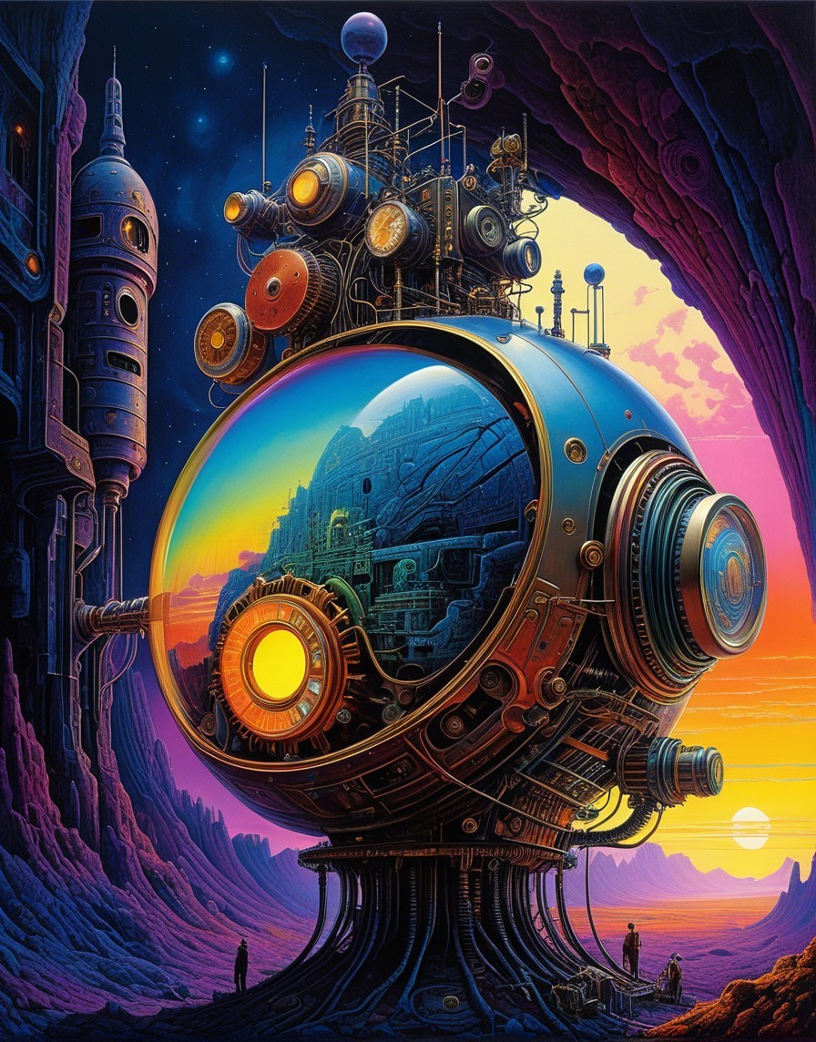 Futuristic spacecraft in a surreal colorful landscape