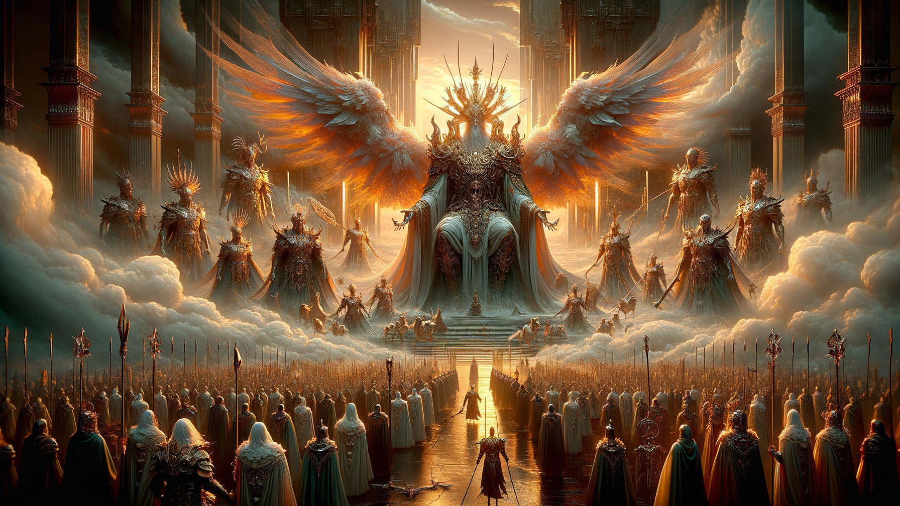 Celestial Throne Surrounded by Winged Figures and Clouds